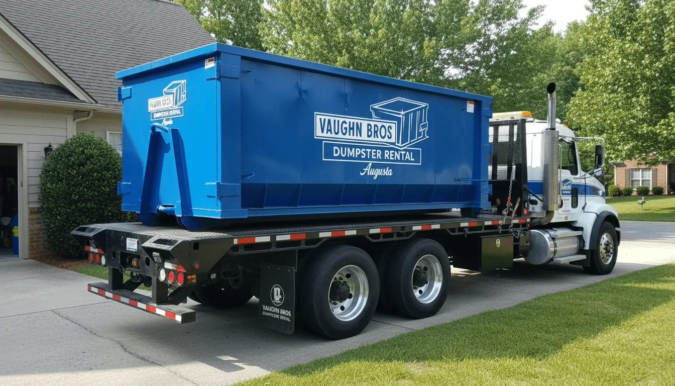Vaughn Bros Dumpster Rental Augusta roll-off truck delivering a container in Augusta, GA