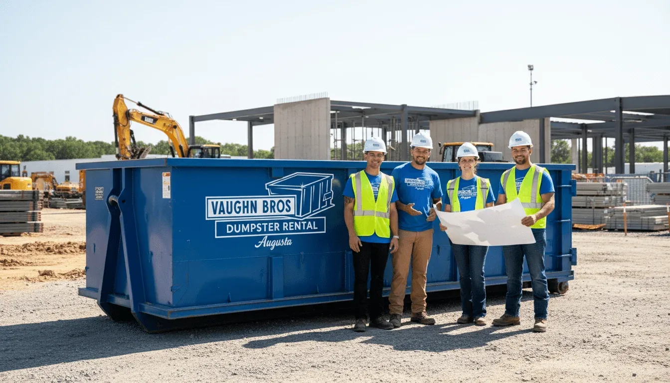 The Vaughn Bros Dumpster Rental Augusta crew with a roll-off truck and container in Augusta, GA